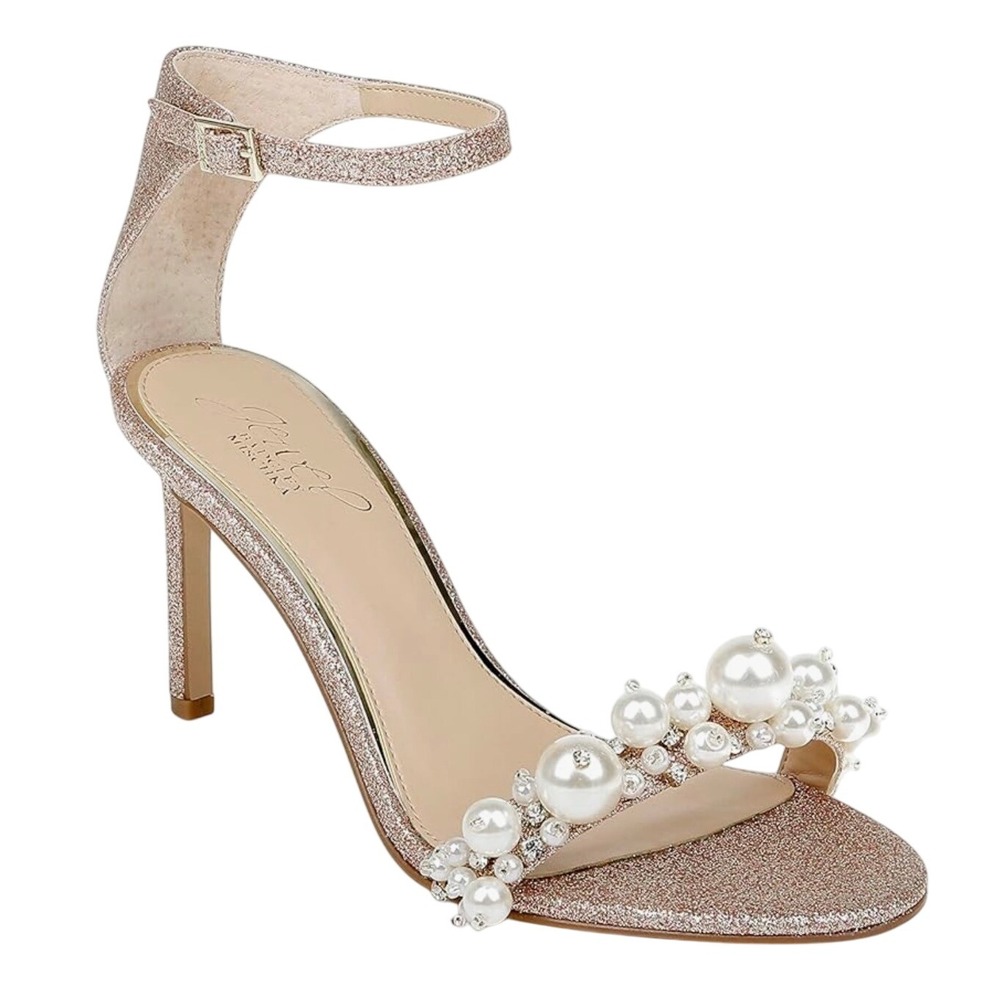 Jewel Badgley Mischka Lassie Rose Gold Glitter Pearl Stiletto Heels Size 9 - Picture 2 of 16